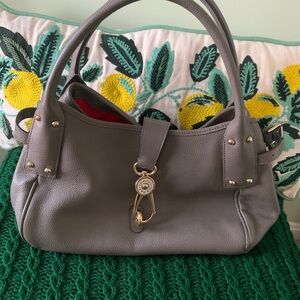 Dooney & Bourke Belvedere Leather Medium Logo Lock Satchel in a grey/taupe